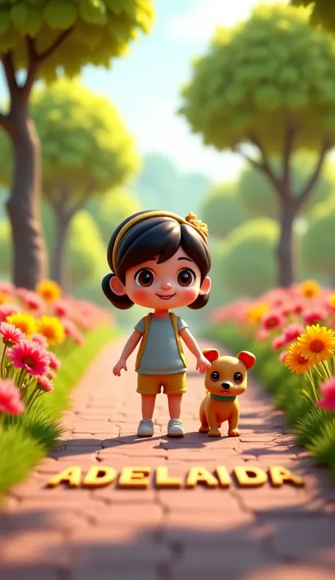 3D image of a park with lush trees and colorful flowers, where a chibi doll with brown eyes and red lips walks with her little dog. The girl has a cheerful expression as she walks through the beautiful environment.  realistic landscape ,4k,ultra-detailed,n...