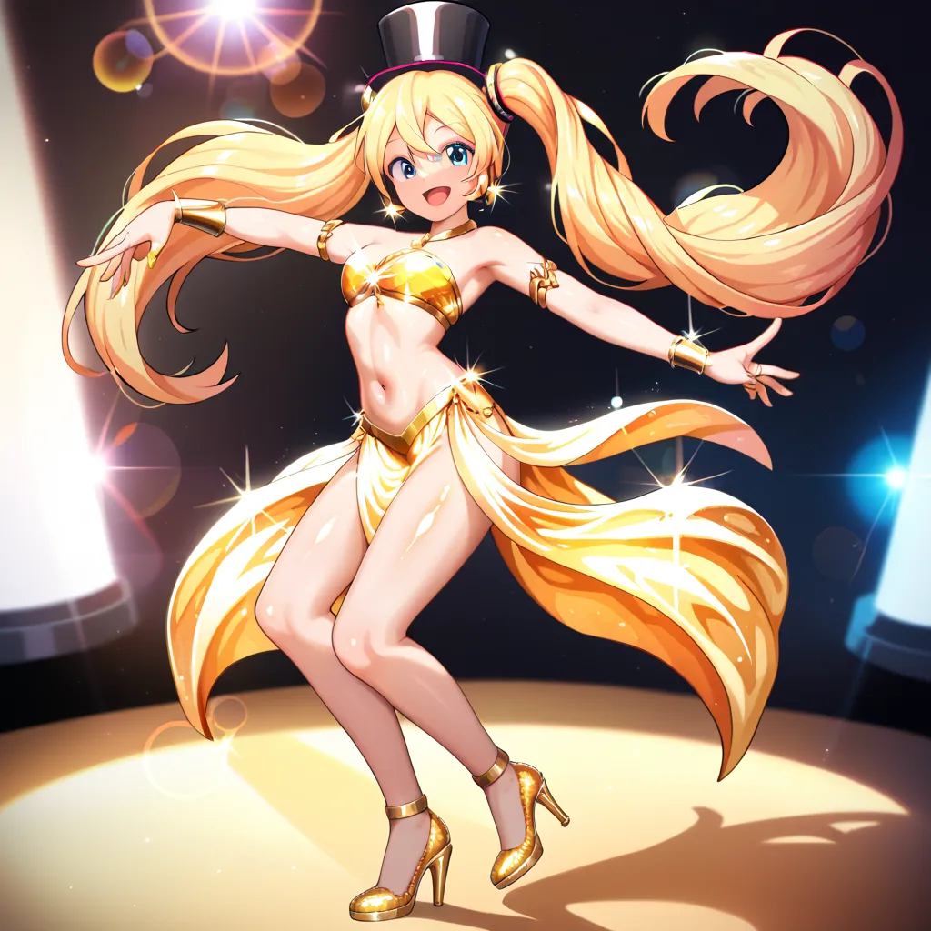 (masterpiece:1.9) , (best quality:1.4) ,(ultra high resolution:1.6),dynamic composition,(artistic scene:0.5),spotlight,on stage,(popular person:1.2),((lens flare)),1girl ,kawaii !!,dancer,gold,(gold luster dancer clothes:1.6),(Shiny and shiny clothes),✨,to...