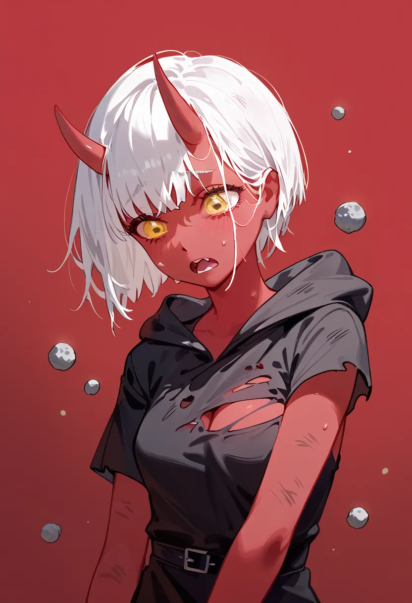 1 person,girl,Red skin,in yellow eyes, white hair, short hair ,small, Ghoul eyes,There is a red horn,oni girl,Black Robe, torn shirt,slim, thin, dry , Exhaustion,famished,dirty,Dust Mess, Chew ,red background,shy,Shy,, bend the face,standing,ดอกไม้ประดับ w...