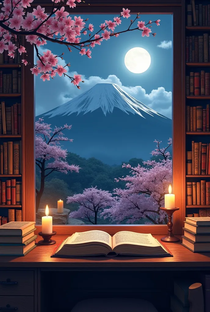     Vue de face d'une bibliothèque japonaise avec de nombreux livres anciens et un bureau japonais,fleurs de cerisier roses, éclairé par des bougies, lune légèrement visible, ciel nuageux, vu sur le mont fuji