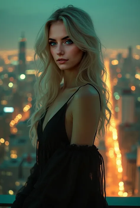 A beautiful Instagram model with long white hair and green eyes, standing on the balcony of a high-rise penthouse, the city lights stretching endlessly beneath her. The cold night air brushes against her skin, but she doesn’t shiver—she thrives in it. The ...