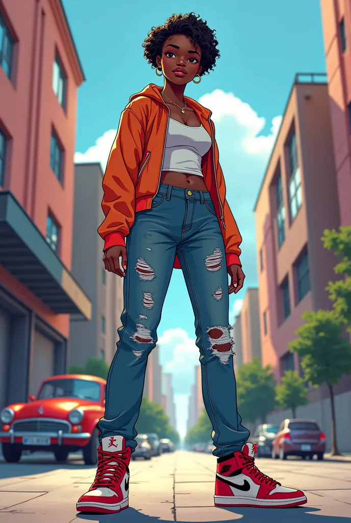 Create Anime Character of a black girl wearing Jordan sneakers 