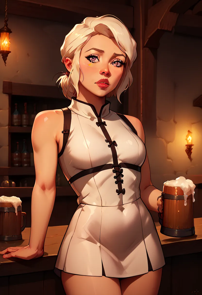 gnome girl, Alone, pike trickfoot, short stature, short sleeveless medieval dress, short stature, tavern, beer mug, maximum fidelity, 8k, masterpiece, detailed background, detailed scenario, perfection