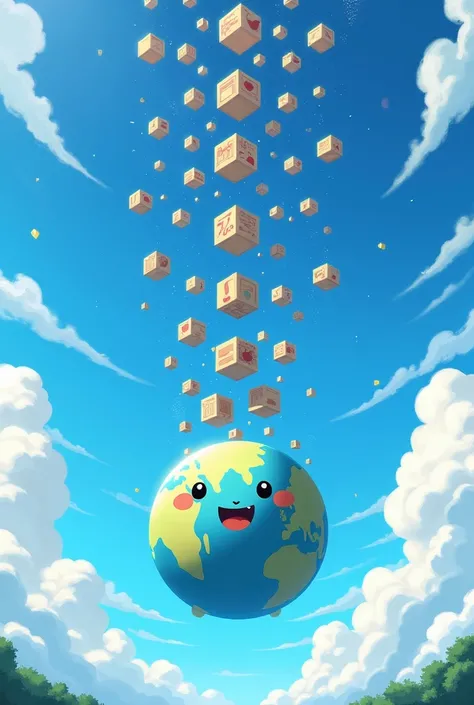 An anime version of a globe with boxes touching the sky