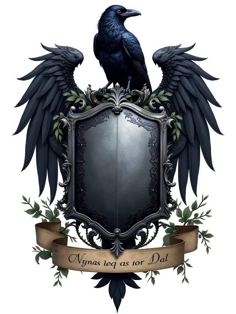 A noble family crest for the Blackwood family from the County of Thornvale. The shield is deep silver with black detailing, representing wisdom and mystery. At the center, a majestic black raven stands proudly, symbolizing intelligence and foresight. The s...