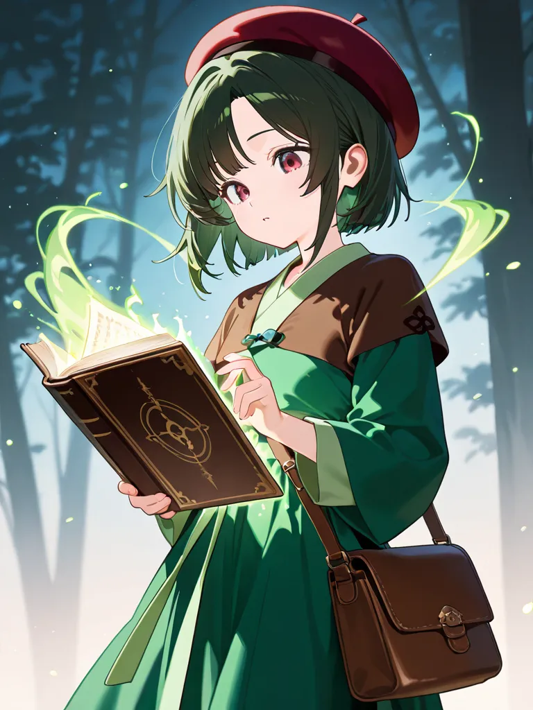 Best quality, one girl, young girl, short hair, middle parted hair, dark green hair, brown hair, small dark red Beret, brown shoulder bag, green hanfu cloth, magic book, use magic, look down