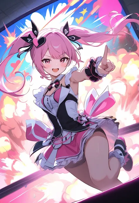 Cute idol girl、twin tails、wink、idol costume、Punch at the screen、explosion、heart symbol、dynamic angle、DYNAMIC MOVEMENT、Effect Light Source、 in detail、 fight scene