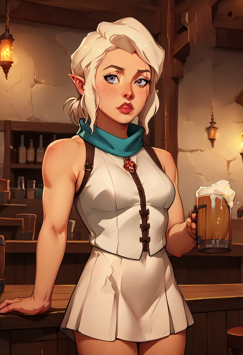 gnome girl, Alone, pike trickfoot, short stature, short sleeveless medieval dress, short stature, tavern, beer mug, maximum fidelity, 8k, masterpiece, detailed background, detailed scenario, perfection