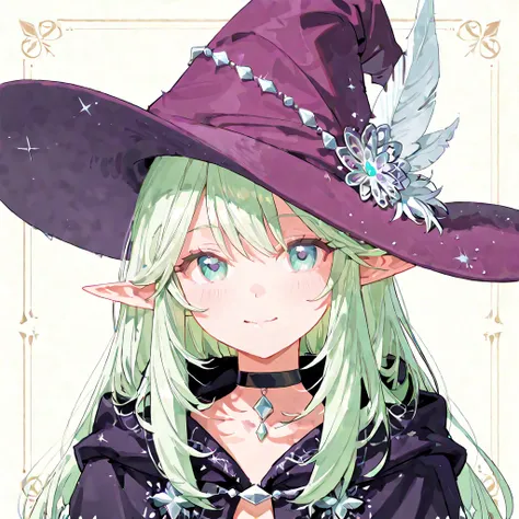 a portrait of a young adult woman with light green hair, she has elven ears, wears a black mage robe with silver embroideries, she wears a purple hat adorned with feathers, around her neck is a black choker with 3 gems and also a heart hanging from it, her...