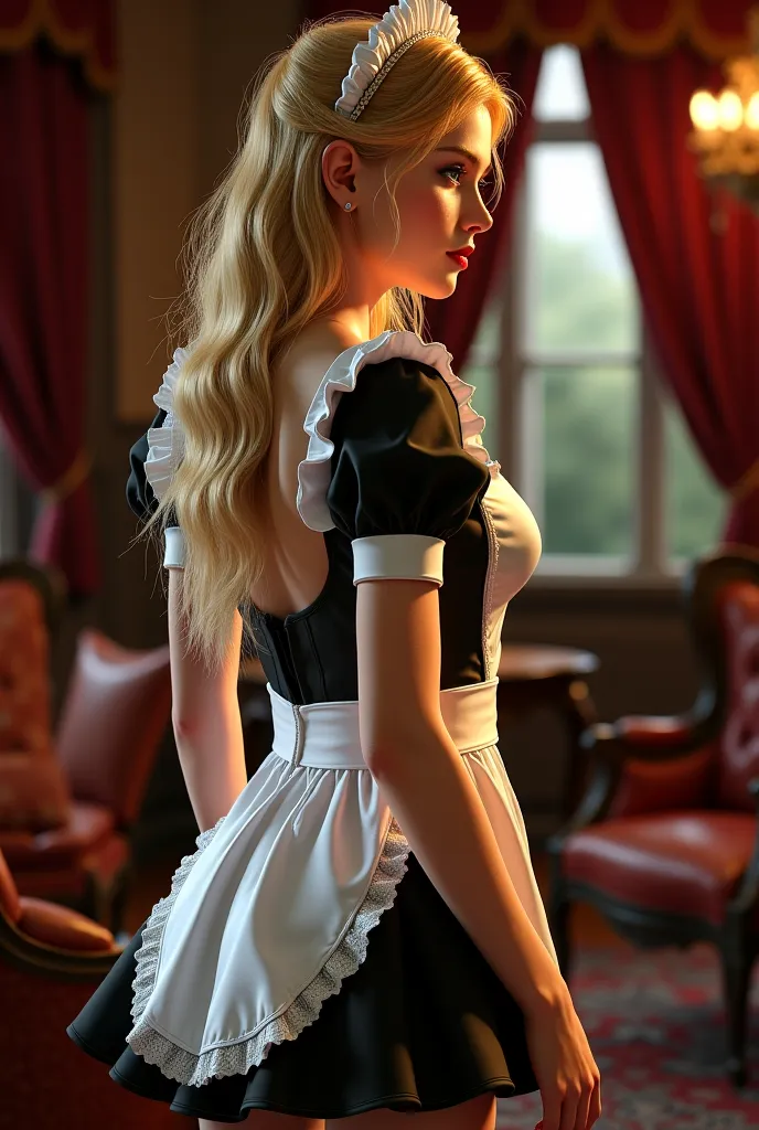 Make a young blonde with her back wearing a sexy maid outfit, Make an ultra realistic image 