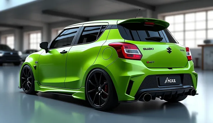 create an ultra-detailed 3D render, of a modern The( 2026 Suzuki New Swift Sport  )
  with a bold design looking long captured from ( Back view. The car should feature a ('Gleamy carmey Amber Salmon HIGH GREEN  color with a '
 2026 Suzuki New Swift Sport o...