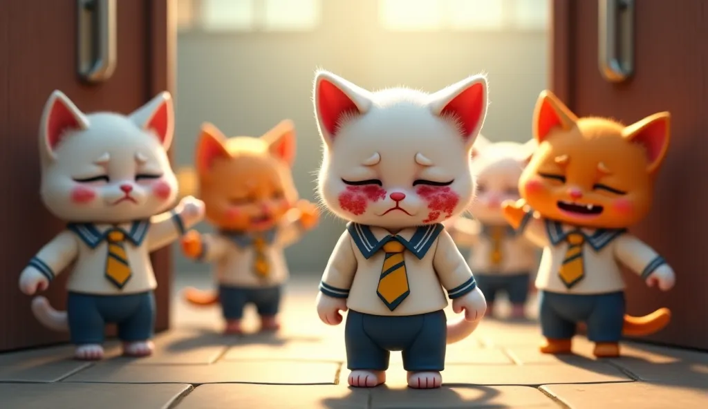 "A sad white kitten with red spots all over its face and body, resembling an illness, stands in front of a school entrance. The kitten wears a school uniform with a white shirt, yellow-striped tie, and blue pants. Two other anthropomorphic kittens in simil...