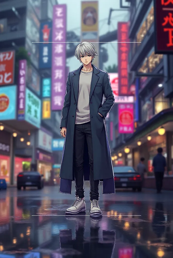 anime, young adult male,  gray hair, above all, Urban street, street light, rain, Reflection pool of water, dramatic lighting, digital painting, conceptual art, vivid color, extreme detail, 4K, masterpiece, photo-realistic