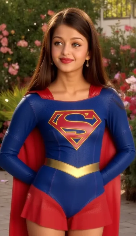 Gorgeous young Aishwarya Rai: 18year old , red lipstick , make-up, wearing supergirl outfit ,beautiful, Breasts, Naughty, Blush, High Resolution, Masterpiece, Accurate, High Quality, Ray Tracing, glowing flowers, wallpaper , legs and thighs , outdoor backg...