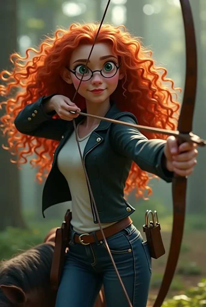 Merida must be in the woods above the horse shooting with a bow. He must have glasses and blue jeans., white t-shirt and a leather jacket,The wavy and black hair and a body structure different from the one in the movie