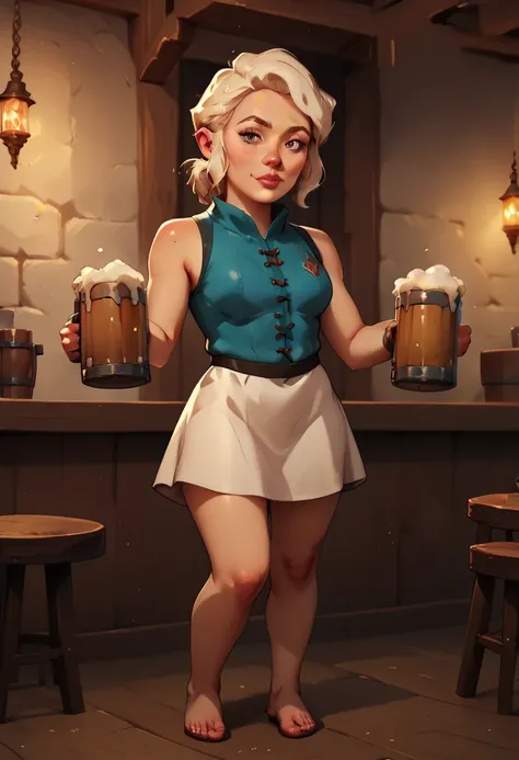 gnome girl, Alone, pike trickfoot, short stature, short sleeveless medieval dress, short stature, tavern, beer mug, maximum fidelity, 8k, masterpiece, detailed background, detailed scenario, perfection, full-body