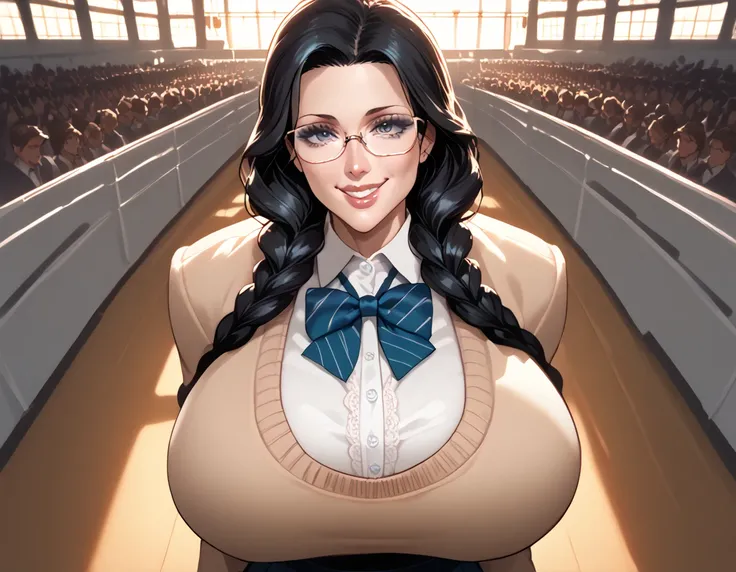 Viewed from above the audience seats, 1 female person, (19 years old, long black hair, mature woman, extremely large breasts, school uniforms, atmospheric lighting, Dilf woman, dilf, alone, a girl, dress, glasses and two long braids, a school-style long sl...