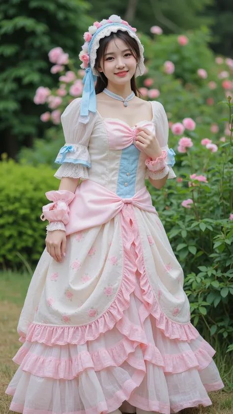 A Japanese woman with light brown modern hair wearing a sexyadult dress with an 18th century Rococo style arrangement with a low volume skirt. Full body including white satin pumps. Layers of pink and white rose-patterned skirt over a fabric base made of c...