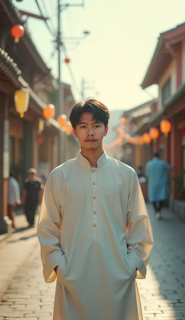 double exposure, cover photo of the film entitled "Friday Blessings". The cover shows a handsome Korean man trendy short hair, wearing muslim clothes,standing smiling slightly facing the camera. The background is a beautifull street. The overall image has ...