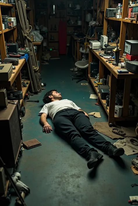 A mysterious modern inventor lying face down on the floor of a cluttered thrift store, surrounded by electronics, tools, and wooden shelves filled with random objects. The dim lighting casts long shadows, creating a dramatic and mysterious atmosphere.