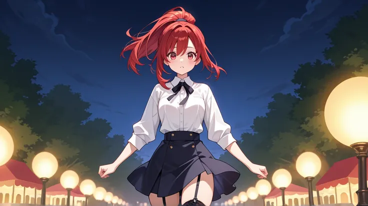 Girl, red hair loss, ponytail hairstyle, white shirt, skirt,  garter stockings , descends through a deserted night park