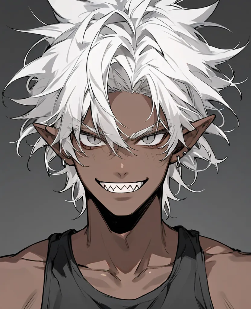 Male, medium hair, messy hair, blackandwhite hair, Dark brown skin, Gray eyes, Wear a tank top, Has sharp teeth like a shark, Pointed ears 