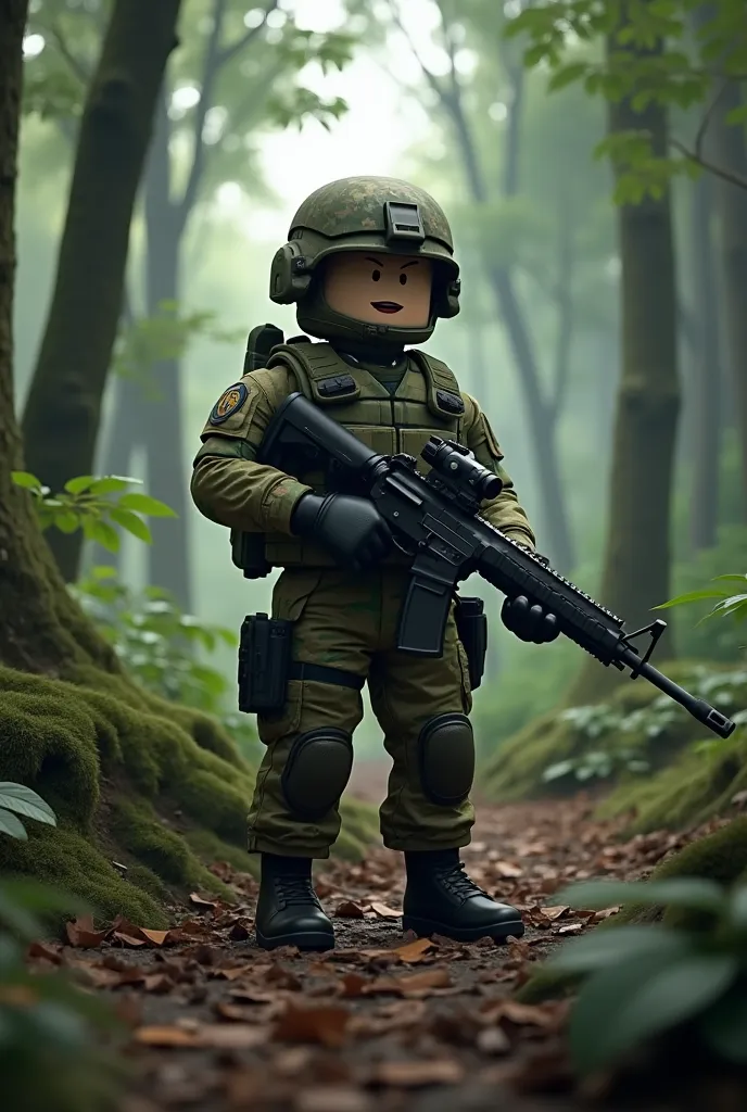 A Brazilian Army soldier in Roblox in a forest with the name in the image saying BRAZILIAN ARMY 