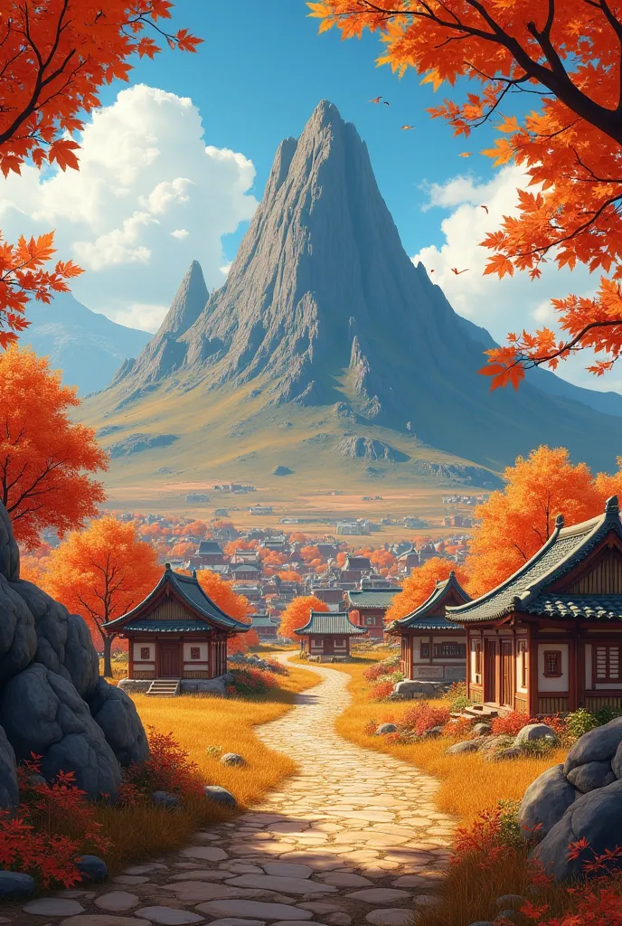 (masterpiece, top quality, best quality, official art, beautiful and aesthetic)1.2,(8k, best quality, masterpiece:1.2)+, maple orchad, village, medieval, oriental, town, farmland, orange, amber color, anime, small town, rocky volcano behind to the side, da...