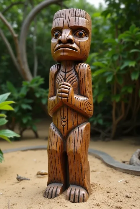 It has to look like a Hawaiian toten, it's not big, it's only about 2 meters high and there's no light coming out of the eyes or mouth. It's made of wood