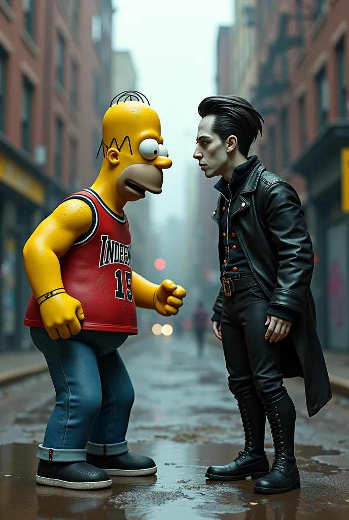 Homer Simpson wearing an independent athletic club jersey fighting a gothic boy on the street 