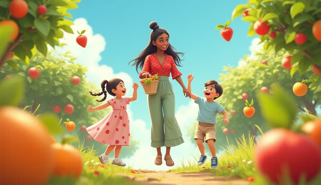 The three characters dancing in a garden of fruit trees. A four-year-old girl, round face, bright brown eyes, straight dark brown hair tied in braids, ((fair skin)), slender build, 80 cm tall, wearing a light pink knee-length dress adorned with small print...