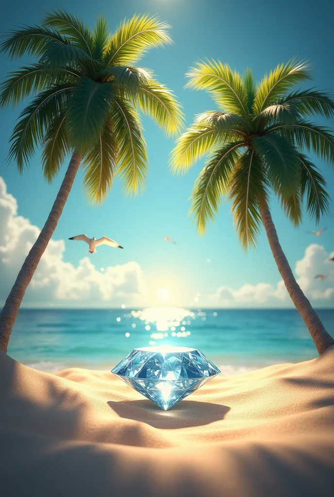 beach background with two palm trees birds flying and inside a diamond 