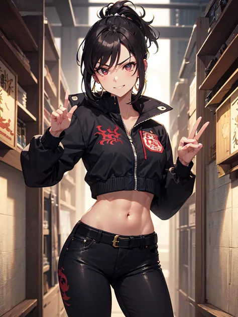 Create a highly detailed anime-style illustration of a tomboyish, delinquent-style female character with a confident smirk and a bold, charismatic pose. She has a lean but athletic build, exuding both toughness and an undeniable coolness. Her sharp eyes an...