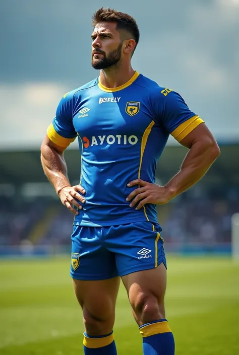 Create a blue and white rugby kit with yelow details