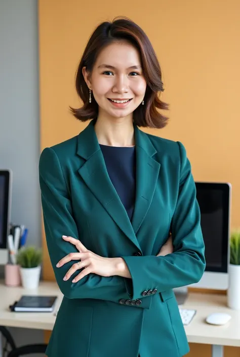 Change the image to a half-body portrait where she is dressed professionally in #E9F3F5 and #304251 color schemes. The background is #F7F5EF, and there are office supplies behind her.