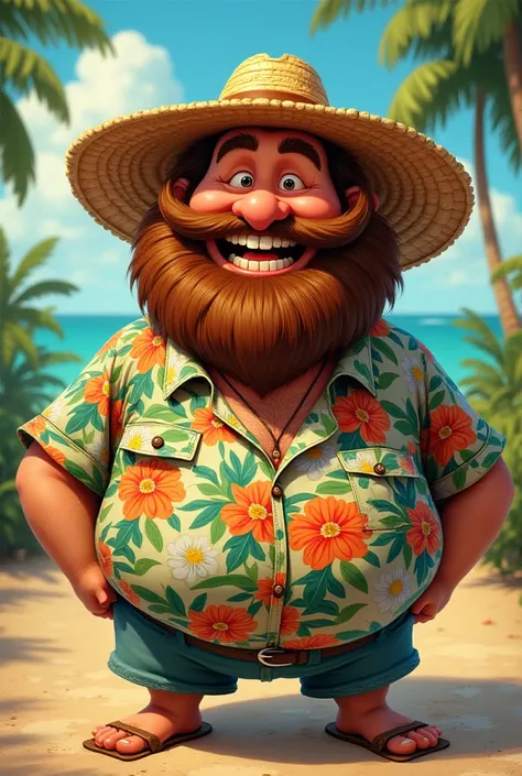 Fat bearded man wearing an open collar Hawaiian shirt and a straw hat。Illustrations that taste like old Disney characters。