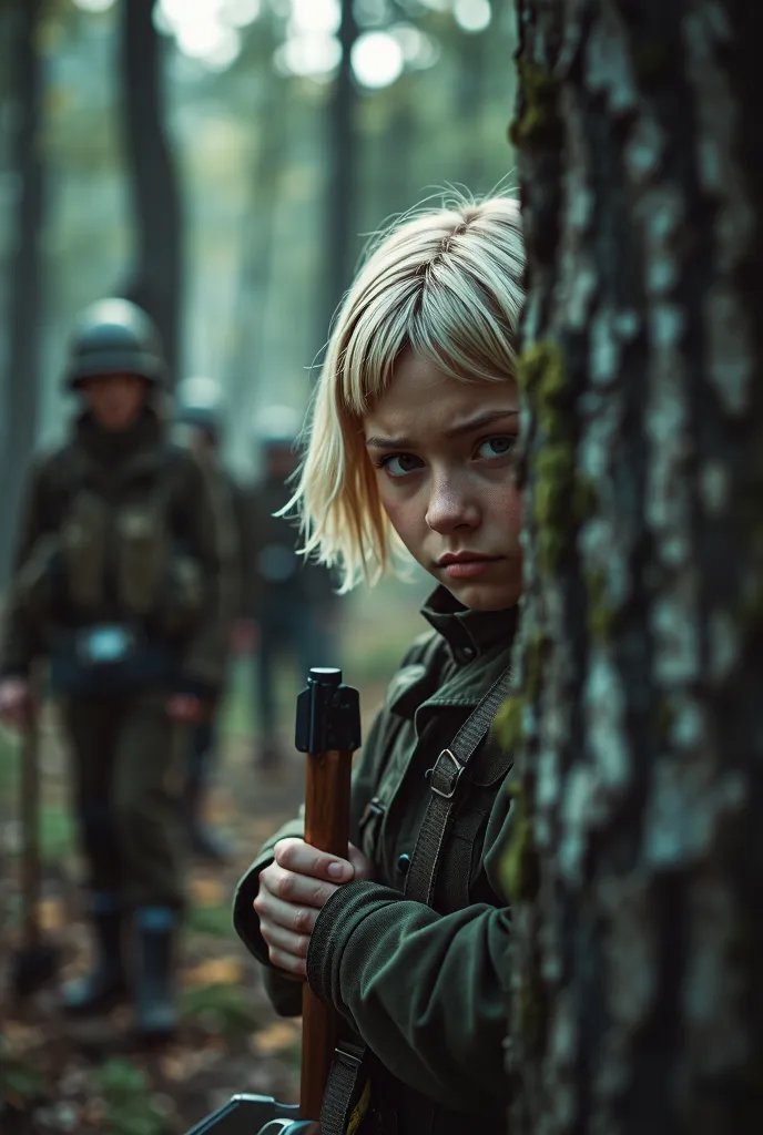 A girl with an ax and blond short hair in military clothes and a disgruntled expression sits behind a tree watching a group of soldiers