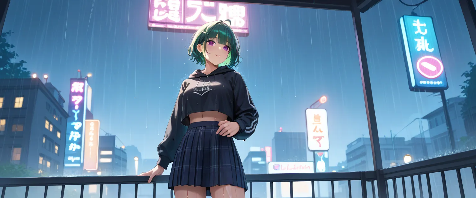 "A reflective woman standing on a glass balcony during twilight, wearing a lightweight skirt and a cropped hoodie. Her ombre green hair shimmers faintly under the dim, rainy sky. She gazes at the city below, where blurred neon lights and wet streets create...