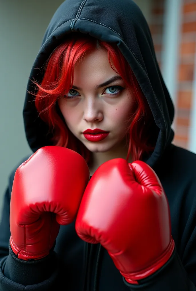 Woman with boxing gloves, black sweatshirt with a hood lowered over the eyes, red hair coming out of the hood, red lips and white skin 