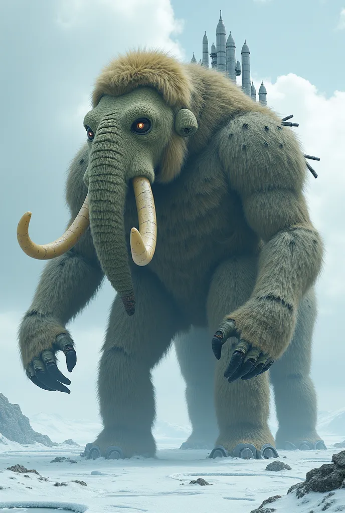 create a picture of a mammoth in Antarctica with huge human feet and arms. the body should consist of a cactus. It should also have rockets on it