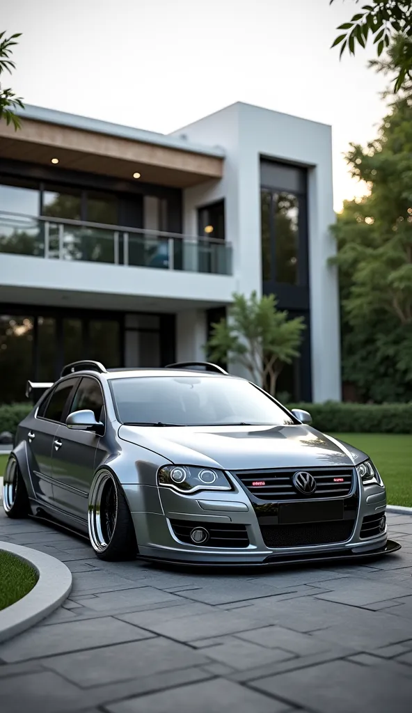 Gray chlorine Volkswagen Passat 2006 tunning front view and rear view of the vehicle parked in front of the luxury house in 10k rendering image 