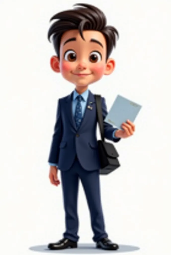 Draw a Disney Pixar style drawing "A young and confident boy, wearing an elegant dark blue suit with a blue shirt and printed tie. He carries a black bag with a shoulder strap and wears black shoes with straps. His hair is well combed back, and he has a sm...