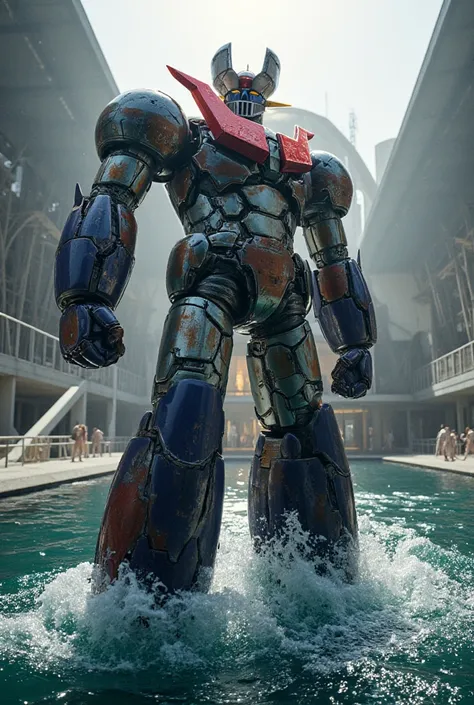 a very realistic version of the modified Mazinger Z, He is standing on a platform,while 
 It is raised to the surface, ((the waters of a pool open up)) To make way for the robot, ((Mazinger's eyes are black)), you can see in the distance a research center ...