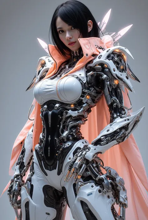 Cyberverse, 1 mature female,dark mohawk hair, transparent strict bismuth, peach and white mechanical futurism Jacket,exo-skeleton armor, japanese very cute beautiful warrior, large breast, voluptuous slender, slim waist,sensual pose, a graphic design chara...