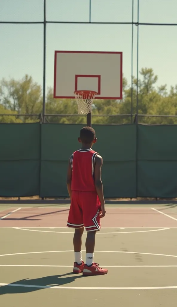 "A young Michael Jordan standing alone on an empty basketball court, looking at a 'No Entry' sign. The video transitions to a flashback of him practicing alone, his determination growing. Hyper-realistic with a slow-motion shot of him making an incredible ...