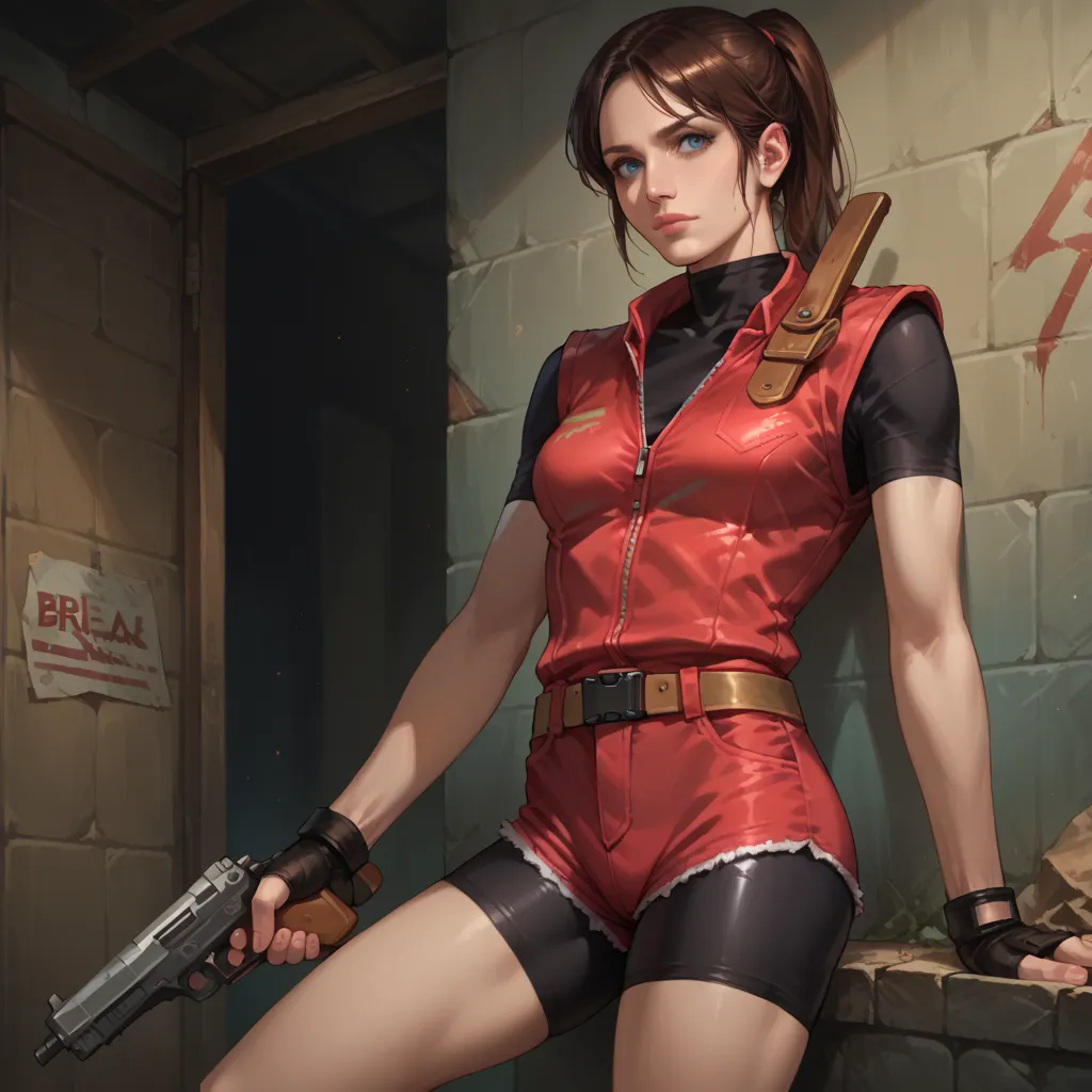 score_9, score_8_up, score_7_up, score_6_up, source_realistic, BREAK 1girl, solo, claireclassic, brown hair, ponytail, blue eyes, vest, shoulder holster, black shirt, bike shorts under shorts, belt, red shorts,