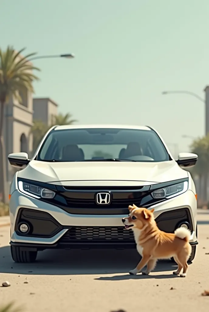 Ένα σκυλάκι που τρώει ένα honda