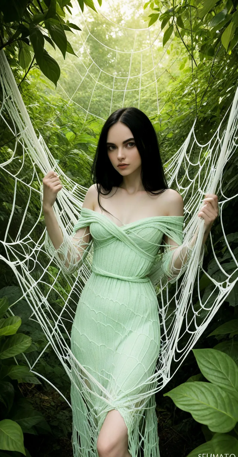 sfumato,  woman with long black hair, vividly wrapped in a large knitted dress similar to a spider's web, impressive pale skin contrasting with deep greens, lush foliage enveloping its atmosphere, filled with mystery and intrigue, soft transitions of light...