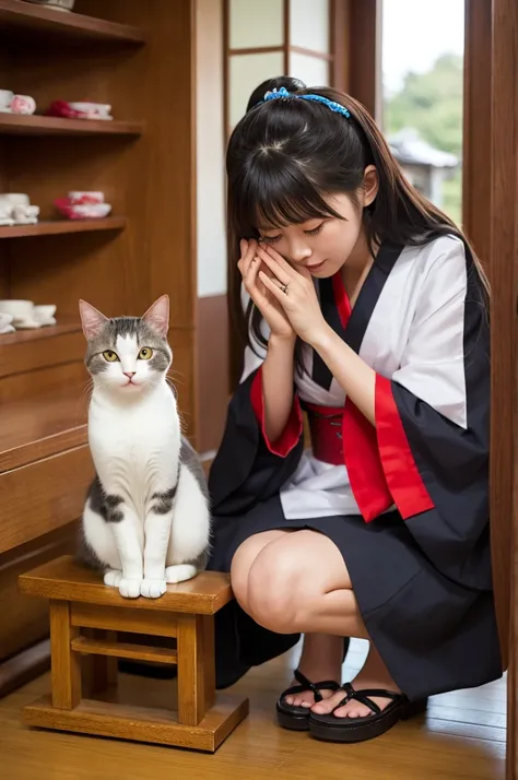 Female cat dressed as a shrine maiden、The appearance of Himiko、I'm praying using a mirror