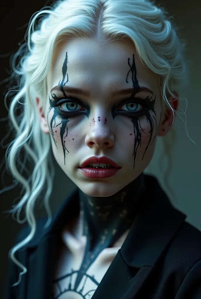 A beautiful blonde girl with black eyes, vampire fangs, and black markings 